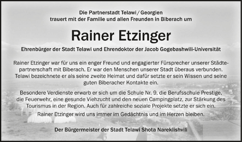  Traueranzeige für Rainer Etzinger vom 27.09.2021 aus Schwäbische Zeitung