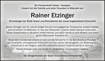 Anzeige von Rainer Etzinger von Schwäbische Zeitung