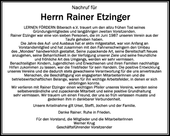 Anzeige von Rainer Etzinger von Schwäbische Zeitung