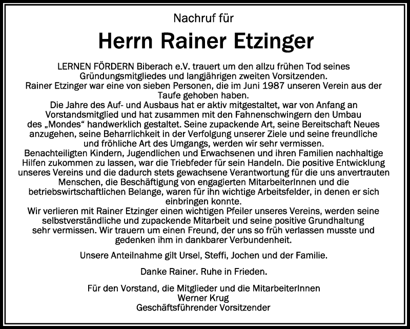  Traueranzeige für Rainer Etzinger vom 27.09.2021 aus Schwäbische Zeitung