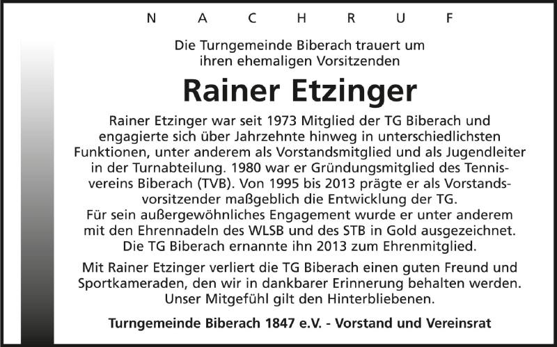  Traueranzeige für Rainer Etzinger vom 27.09.2021 aus Schwäbische Zeitung