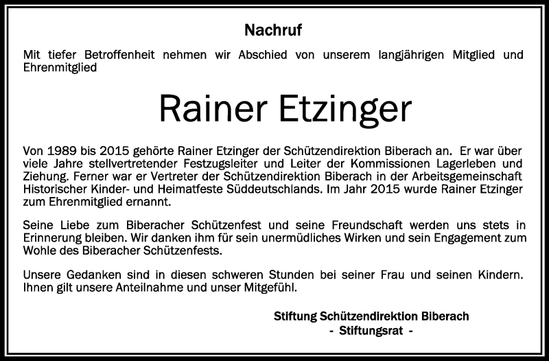  Traueranzeige für Rainer Etzinger vom 27.09.2021 aus Schwäbische Zeitung