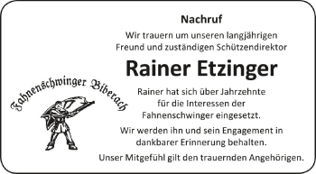 Anzeige von Rainer Etzinger von Schwäbische Zeitung