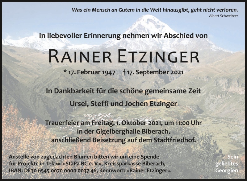  Traueranzeige für Rainer Etzinger vom 25.09.2021 aus Schwäbische Zeitung