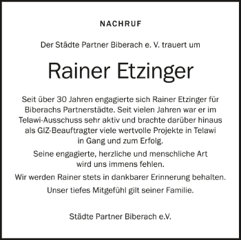 Anzeige von Rainer Etzinger von Schwäbische Zeitung