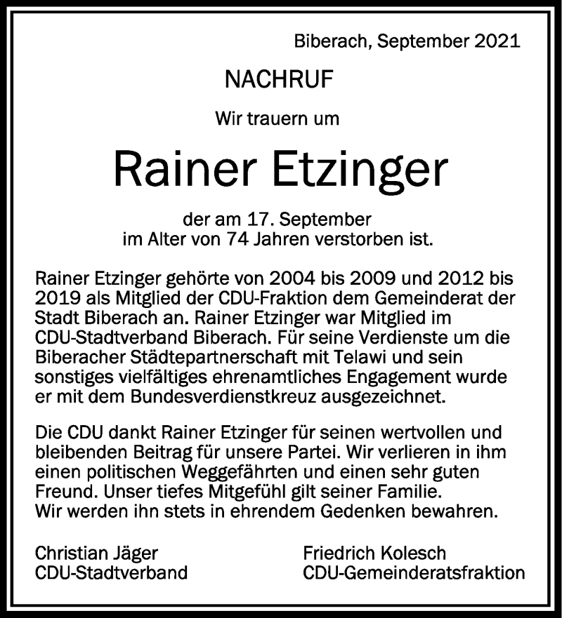  Traueranzeige für Rainer Etzinger vom 27.09.2021 aus Schwäbische Zeitung