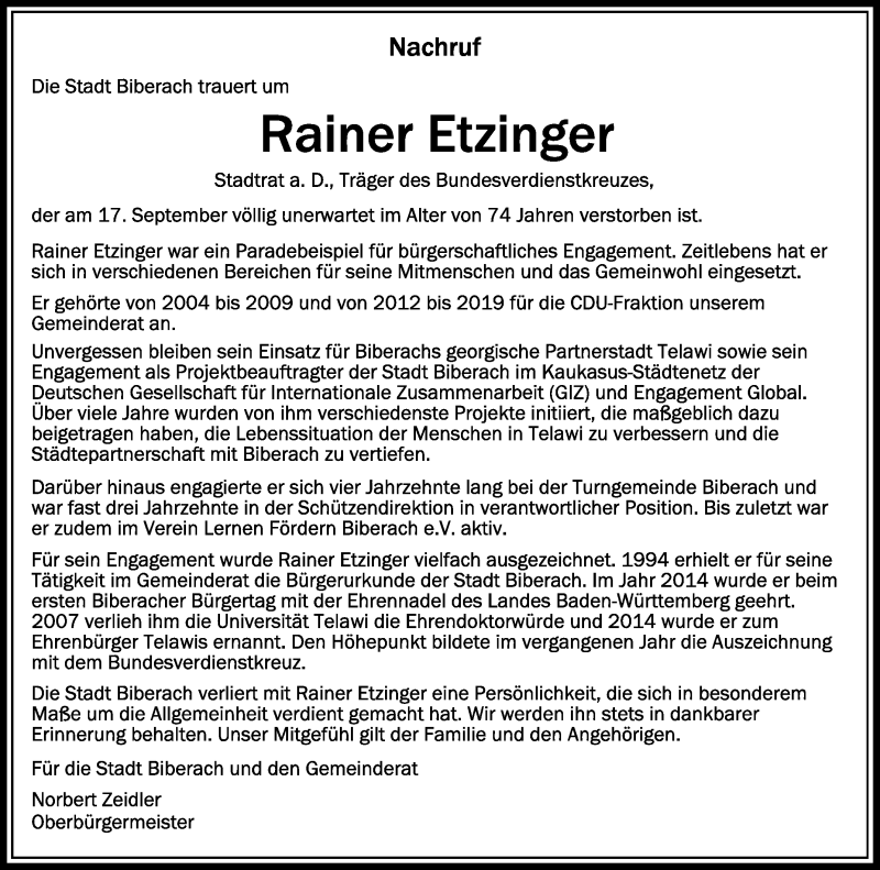  Traueranzeige für Rainer Etzinger vom 27.09.2021 aus Schwäbische Zeitung