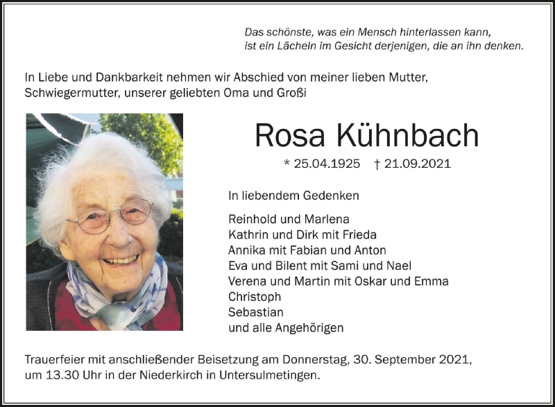 Traueranzeigen von Rosa Kühnbach schwaebische de Trauerportal