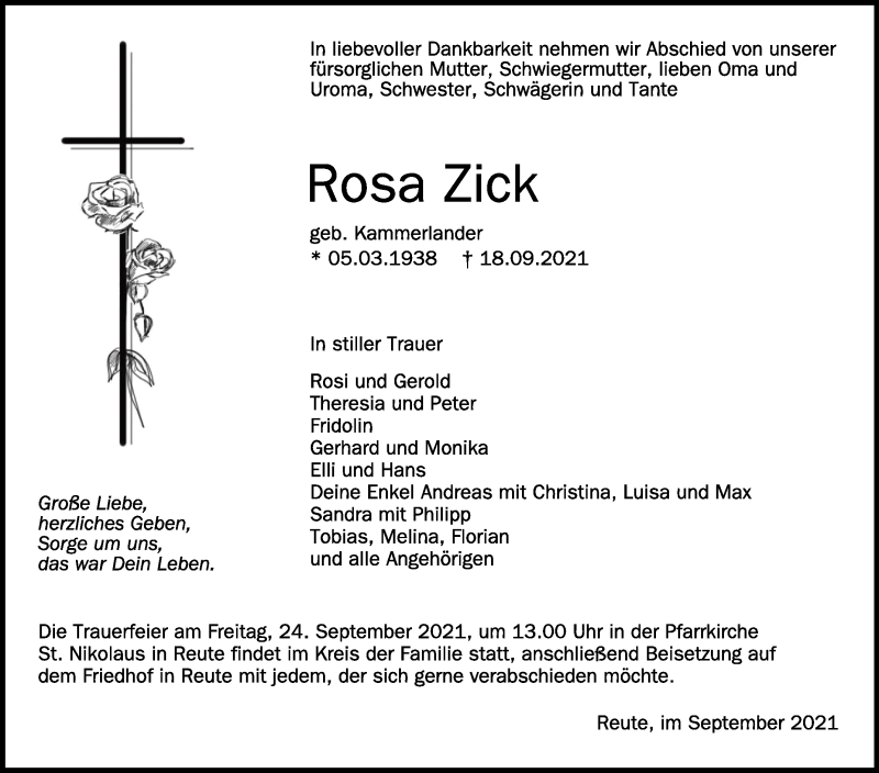  Traueranzeige für Rosa Zick vom 22.09.2021 aus Schwäbische Zeitung