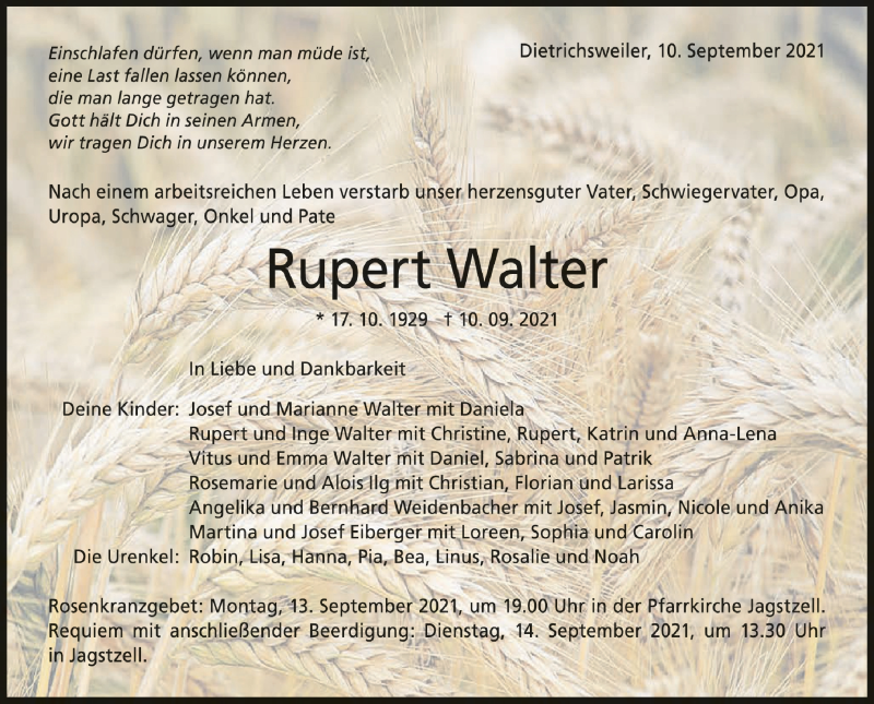 Traueranzeige für Rupert Walter vom 11.09.2021 aus Schwäbische Zeitung