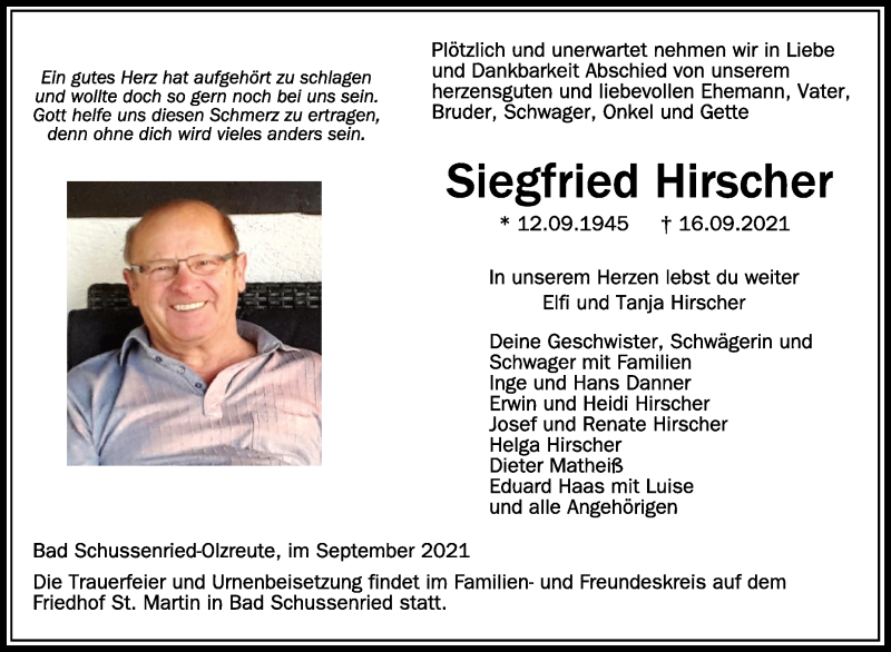  Traueranzeige für Siegfried Hirscher vom 21.09.2021 aus Schwäbische Zeitung