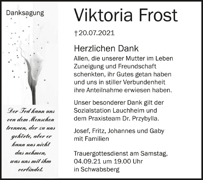  Traueranzeige für Viktoria Frost vom 01.09.2021 aus Schwäbische Zeitung