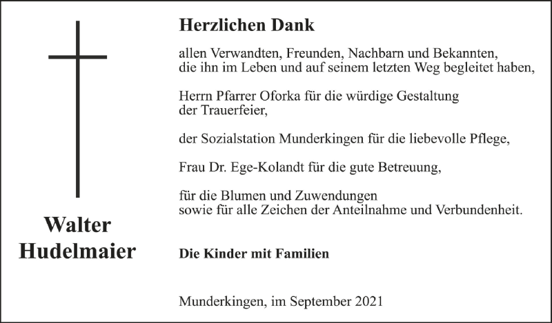  Traueranzeige für Walter Hudelmaier vom 03.09.2021 aus Schwäbische Zeitung