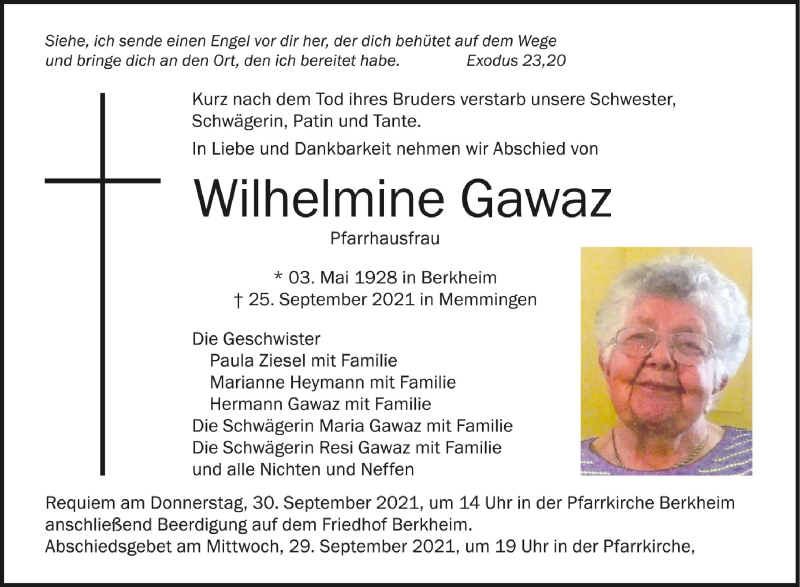  Traueranzeige für Wilhelmine Gawaz vom 27.09.2021 aus Schwäbische Zeitung