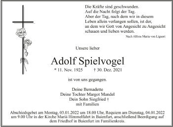 Anzeige von Adolf Spielvogel von Schwäbische Zeitung