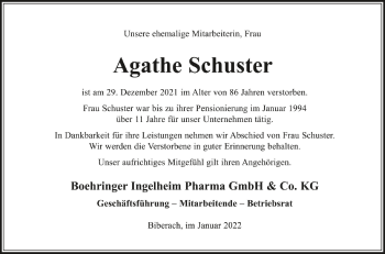 Anzeige von Agathe Schuster von Schwäbische Zeitung