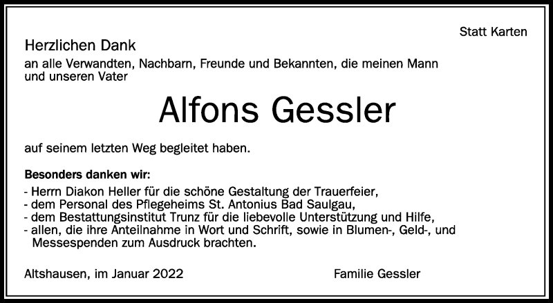  Traueranzeige für Alfons Gessler vom 11.01.2022 aus Schwäbische Zeitung