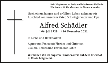 Anzeige von Alfred Schädler von Schwäbische Zeitung