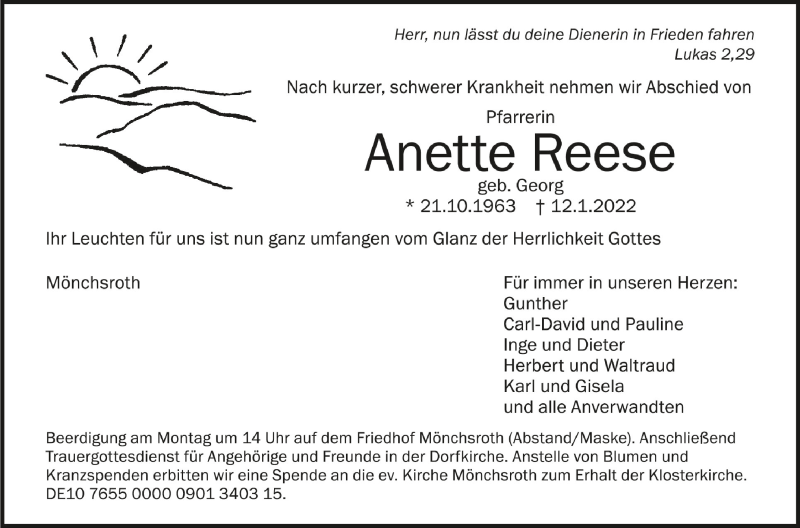  Traueranzeige für Anette Reese vom 15.01.2022 aus Schwäbische Zeitung