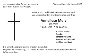 Anzeige von Anneliese Merz von Schwäbische Zeitung