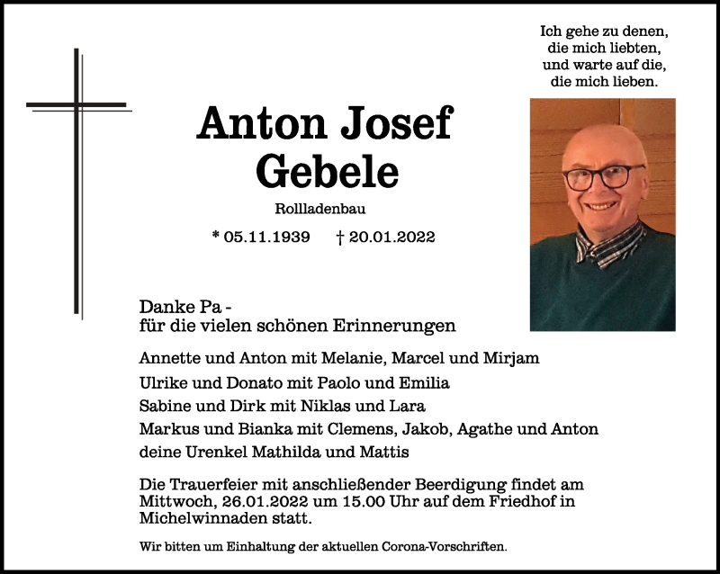  Traueranzeige für Anton Josef Gebele vom 25.01.2022 aus Schwäbische Zeitung
