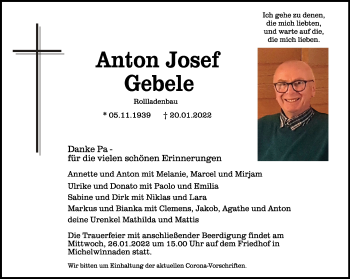 Anzeige von Anton Josef Gebele von Schwäbische Zeitung