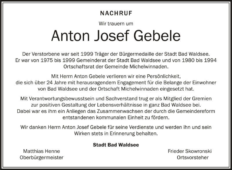  Traueranzeige für Anton Josef Gebele vom 26.01.2022 aus Schwäbische Zeitung