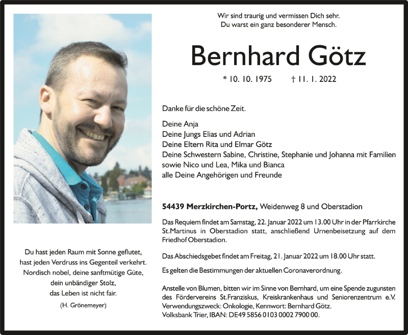  Traueranzeige für Bernhard Götz vom 19.01.2022 aus Schwäbische Zeitung
