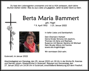 Anzeige von Berta Maria Bammert von Schwäbische Zeitung