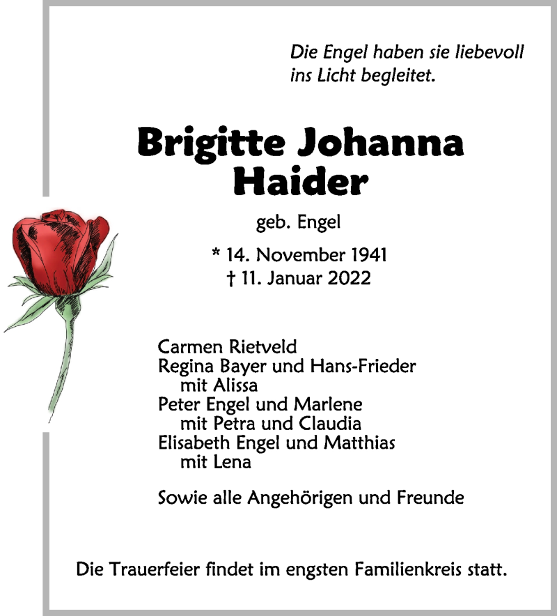  Traueranzeige für Brigitte Johanna Haider vom 14.01.2022 aus Schwäbische Zeitung