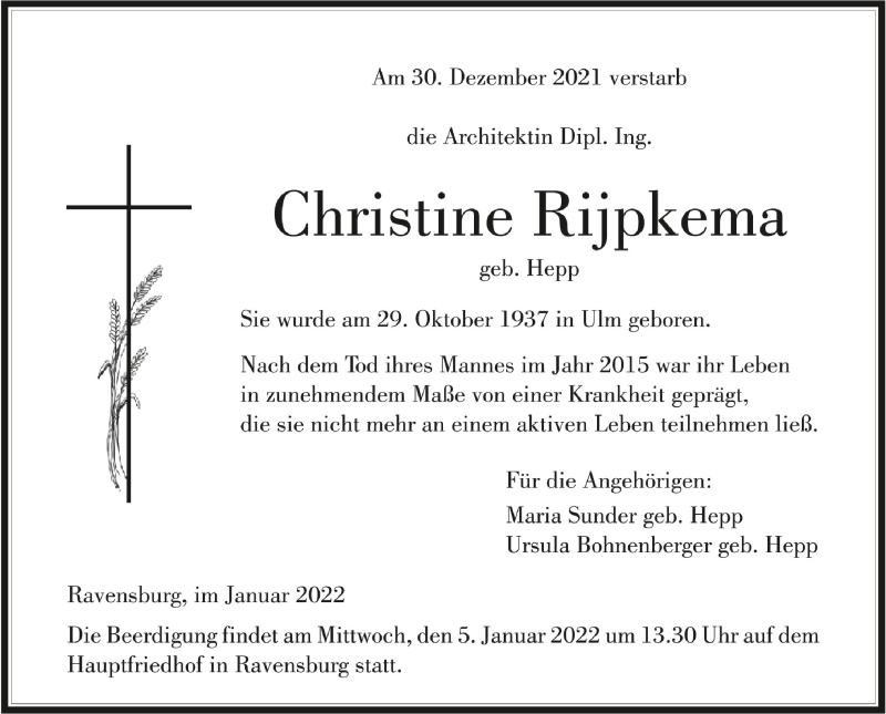  Traueranzeige für Christine Rijpkema vom 03.01.2022 aus Schwäbische Zeitung