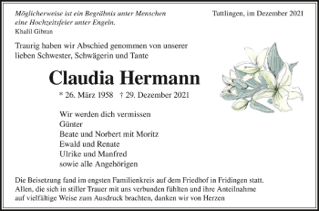 Anzeige von Claudia Hermann von Schwäbische Zeitung