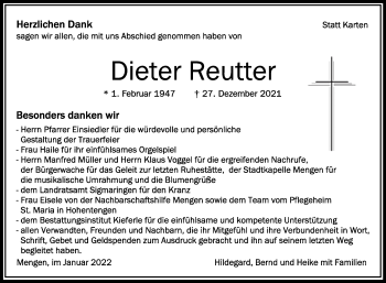 Anzeige von Dieter Reutter von Schwäbische Zeitung