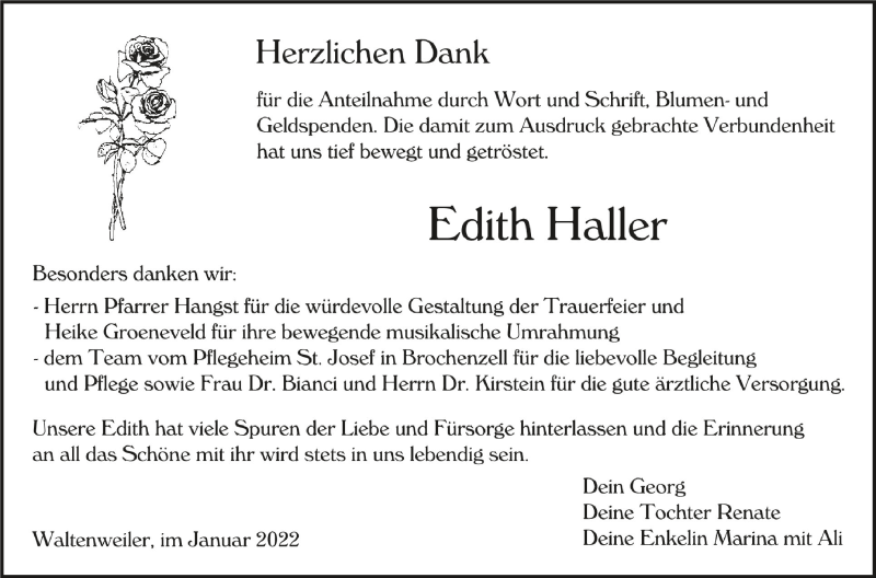  Traueranzeige für Edith Haller vom 29.01.2022 aus Schwäbische Zeitung