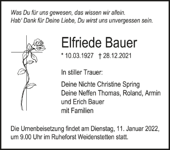 Anzeige von Elfriede Bauer von Schwäbische Zeitung