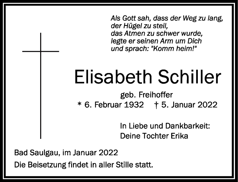  Traueranzeige für Elisabeth Schiller vom 13.01.2022 aus Schwäbische Zeitung