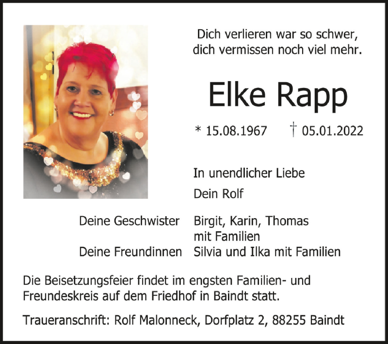  Traueranzeige für Elke Rapp vom 12.01.2022 aus Schwäbische Zeitung