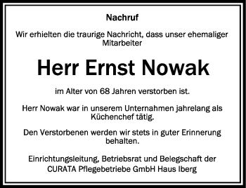 Anzeige von Ernst Nowak von Schwäbische Zeitung