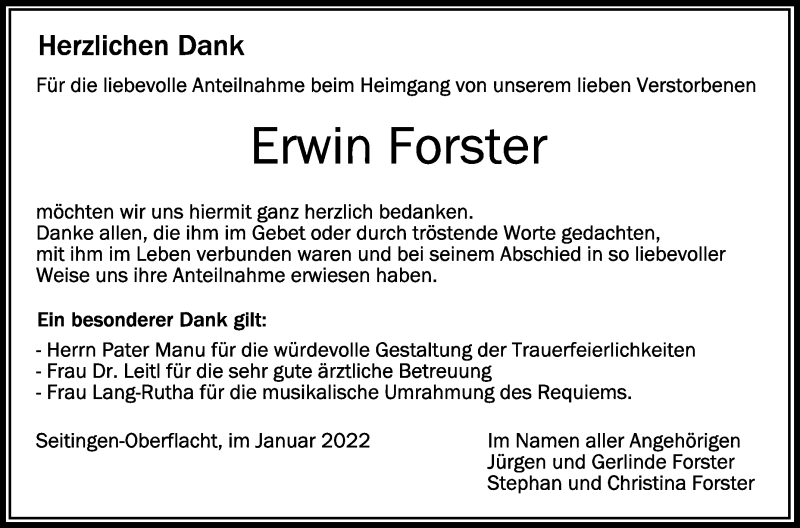 Traueranzeigen Von Erwin Forster | Schwaebische.de Trauerportal