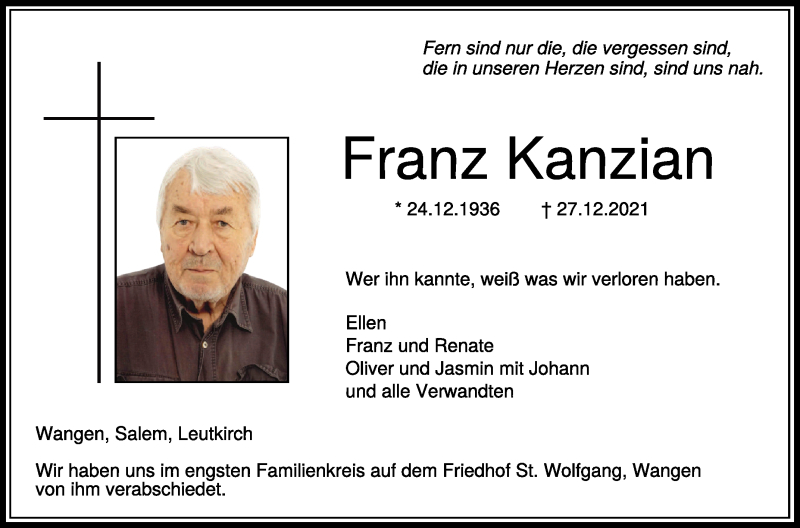  Traueranzeige für Franz Kanzian vom 08.01.2022 aus Schwäbische Zeitung