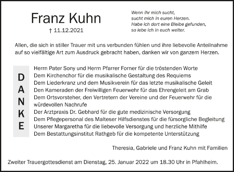  Traueranzeige für Franz Kuhn vom 22.01.2022 aus Schwäbische Zeitung