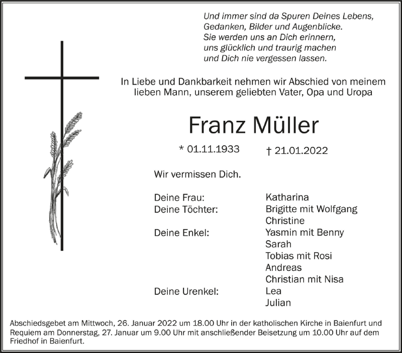  Traueranzeige für Franz Müller vom 25.01.2022 aus Schwäbische Zeitung