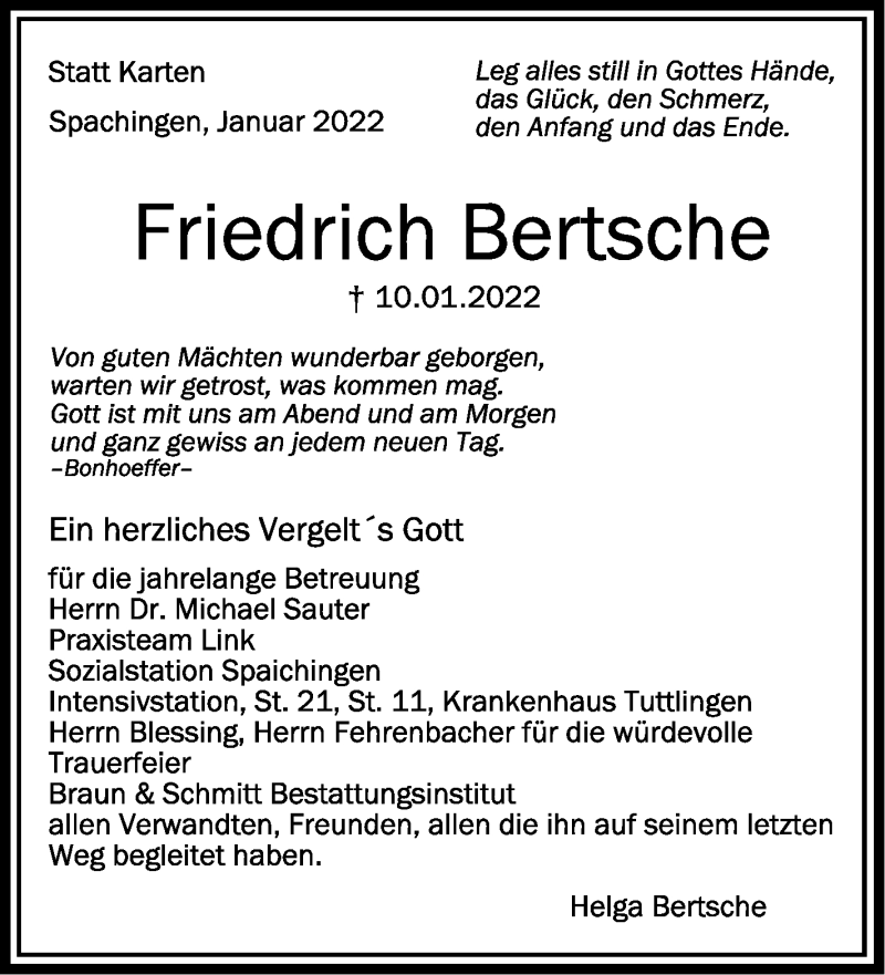  Traueranzeige für Friedrich Bertsche vom 27.01.2022 aus Schwäbische Zeitung