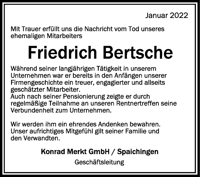  Traueranzeige für Friedrich Bertsche vom 15.01.2022 aus Schwäbische Zeitung