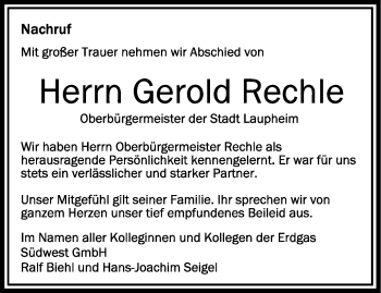 Anzeige von Gerold Rechle von Schwäbische Zeitung