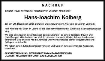 Anzeige von Hans-Joachim Kolberg von Schwäbische Zeitung