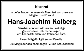 Anzeige von Hans-Joachim Kolberg von Schwäbische Zeitung