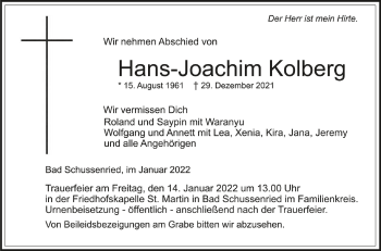 Anzeige von Hans-Joachim Kolberg von Schwäbische Zeitung