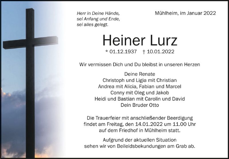  Traueranzeige für Heiner Lurz vom 13.01.2022 aus Schwäbische Zeitung