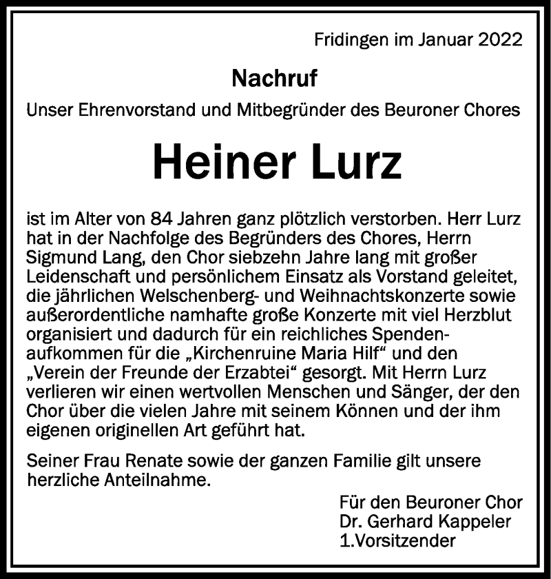  Traueranzeige für Heiner Lurz vom 19.01.2022 aus Schwäbische Zeitung